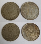 Numismática, 2 moedas portuguesas, sendo 50 centavos de 1929 e 10 escudos de 1955.