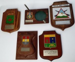 Militaria  - Cinco Placas / Escudos em madeira,  pertencentes ao General do Exercito Brasileiro, Carlos Tinoco Ribeiro Gomes (1928 - 2018).  Medindo menor; 16x15 cm e maior: 19x14