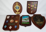Militaria  - Cinco Placas / Escudos em madeira,  pertencentes ao General do Exercito Brasileiro, Carlos Tinoco Ribeiro Gomes (1928 - 2018). Medindo menor; 20x15 cm e maior: 28x22 cm.