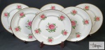 Seis belíssimos pratos rasos em porcelana, com decoração floral e fios de ouro, pintados à mão. Assinado ao fundo. Medindo: 25 cm