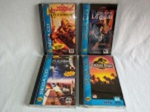 RETRÔ GAMES - Quatro CDs para console Sega CD dos jogos: "Advanced Dungeons and Dragons: Eye of the Beholder", "Jurassic Park", "Flashback: Quest for identity" e "Rise of the Dragon". Usados e sem garantias.