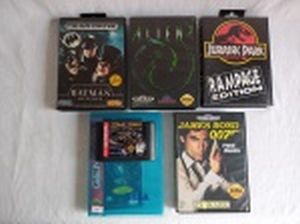 RETRÔ GAMES - Cinco cartuchos para console Mega Drive dos jogos: "Alien 3", "Batman Returns", "Jurassic Park", "Star Trek" e "James Bond 007:The Duel". Usados e sem garantias.