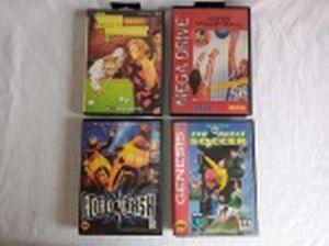 RETRÔ GAMES - Cinco cartuchos para console Mega Drive dos jogos: "Road Rash 3", "Pro Moves Soccer", "Side Pocket" e "Super Volleyball". Usados e sem garantias.