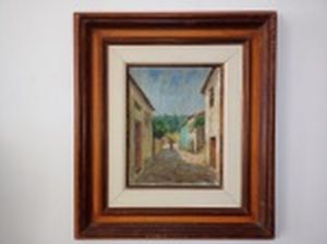 JOSÉ MARIA DE ALMEIDA (Beira Alta, Portugal 1906 - Uberlândia, MG 1995) "Cidade do interior em Portugal" óleo sobre tela, 35 x 27,5cm. Assinado e localizado, frente e verso. Moldura 66 x 58cm.