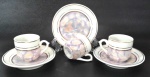 PORCELANA AMPARO - Lote 3 xiícaras de café e seus respectivos pires em porcelana branca com larga faixa furta cor e filetação dourada. Medem 5 x 4,5 as xícaras e 10 cm de diâmetro os pires.