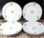PORCELANA REAL S. PAULO - Jogo contendo 6 pratos para sobremesa em porcelana branca decorada por flores em policromia e filetação dourada nas bordas. Medem 18,5 cm de diâmetro cada.