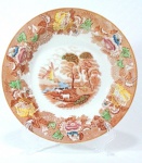 ENOCH WOOD`S - WOOD & SONS ENGLAND - Belo e decorativo prato dito fundo em fina porcelana inglesa de rica policromia em decoração de cena campestre. Mede 23 cm de diâmetro.