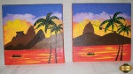 2 miniaturas de pintura óleo sobre tela do Pão de Açucar e vista de Ipanema com o morro 2 irmãos ao fundo. Assinada Célia Maria 2010, medindo 12cm x 12cm