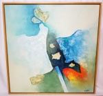 CELSO R. BAPTISTÃO - Grandiosa e linda pintura abstrata finamente executada á óleo sobre tela medindo 100 x 100. Assinada no C.I.D. Acompanha bela moldura nova em madeira de lei medindo 105 x 105CM. Excelente estado de conservação. Artista premiado e catalogado.