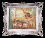 Georgina de Albuquerque (1885-1962). LEITURA. Óleo sobre madeira. 60 x 68 cm (mi). Assinado no cie. Raridade.