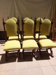 Seis cadeiras em madeira brasileira, assento e encosto estofados em tecido verde. Estilo Velha Bahia. Uma necessitando de restauro.