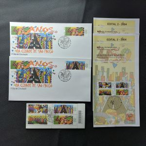 450 anos da cidade de São Paulo - 23/01/2004 - C2554/2557 - Quadra com carimbo de 1ª dia + 2 envelopes + edital sem selo