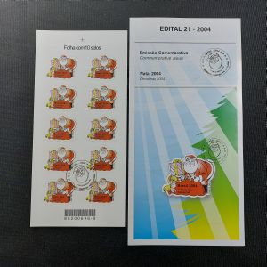 Natal 2004 - Papai Noel - Folha com 10 selos - sendo 4 selos com carimbo 1º dia + edital sem selo