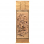Kakejiku. Pintura representando paisagem com figuras. Assinado e com carimbo. 210 x 64,5 cm. (23).