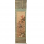 Kakejiku. Pintura representando codornas. Assinado e com carimbo, acompanha caixa. 210 x 54 cm. (17).