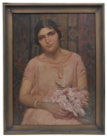 IRENE FRANÇA (1883 - 1949) - "Moça com flores"  - Estudou com o grande pintor Rodolfo Amoedo e teve sua obra destacada, obtendo em 1922, a premiação de medalha de ouro no Salão da Escola Belas Artes. OST - - Acompanha moldura em madeira entalhada - ME:85 cm x 65 cm; MI: 72 cm x 52 cm