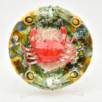 Caldas da rainha - Portugal - Prato de parede decorativo em cerâmica policromada decorado em relevo com caranguejo e mariscos. Marcada em sua base PORTUGAL. Medida: 19,5 cm