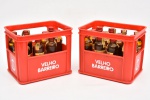 COLECIONISMO - Par de antigas miniatura de engradado para doze garrafas da cachaça velho barreiro. Caixa em plástico rígido no tom vermelho, garrafas originais de época.  Uma caixa contém 12 garrafas e outra possui 9. Lacradas. Med.: 14 cm alt X 17 cm larg.