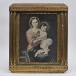 LE VERGINE  COL FIGLIO  - B. E. MURILLO - FIRENZE - GALERIA PITTI - Ícone - Belo quadro com decoupagem em madeira representando Virgem com menino com lindo acabamento em pátina dourada. Medida: 55 cm x 46 cm