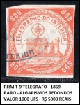 RARO TELEGRAFO - RHM T-9 DO ANO 1869 - ALGARISMOS REDONDOS VALOR DE CATÁLOGO 1000 UFS OU R$ 5000 REAIS UM SELO MUITO DIFICIL DE ENCONTRAR