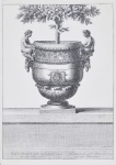 Gravura francesa, reproduz imagem de ânfora  com alças em forma de faunos, sem moldura 42 x 30 cm.