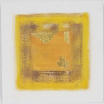 Tecnica mista, trabalho abstrato com folhas de ouro, assinatura ilegível, 30 x 30 cm.