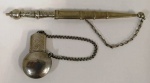 2 Peças em metal prateado , representando pequena adaga e polveiro. Medem: 21 e 7 cm 