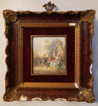 Pintura sobre marfim - Representando Cena de família no jardim - Miniatura 11 x 10 cm. Assinada, moldura em madeira decorada com radica e borda dourada. Medida total  26 x 24 cm. Séc. XIX/XX.