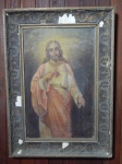 CLÉLIA - "Sagrado Coração de Jesus" óleo sobre tela colada em cartão, 48,5 x 31,5cm. Assinado. Moldura com perdas e no estado 61 x 44cm.
