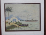 HOMERO MASSENA (Barbacena, 1886 - Vila Velha, 1974) - "Cais", óleo sobre madeira, assinado e localizado Vila Velha, datado 1961, 32 x 42cm. Moldura em madeira patinada 42 x 52cm.