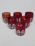 Seis copos para licor em cristal overlay  rubi, lapidação dedão. Alt. 5cm.