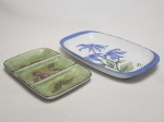 Duas petisqueiras distintas em porcelana pintadas à mão por Moema. Maior 22 x 12cm.