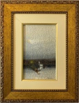 Domenico Lazzarini - `Cabo Frio` Óleo sobre tela. Ass. E datado no CID 1977. Med. 22X14cm. Moldura em madeira dourada 29x37,5cm. Pintura craquelada. 