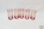 Jogo de 5 Copos Longos Agua / Suco em Cristal Rosa com Friso Ouro  . medida: 13 cm altura x 6,5 cm diametro