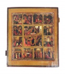 RUSSIA IMPERIAL  ESCOLA PALEKN  A PASCOA E AS 12 GRANDES FESTAS DO ANO LITÚRGICO. MAGNIFICO ICONE EM GRANDE DIMENSÃO PINTADO SOBRE MADEIRA, REPRESENTANDO A PÁSCOA DE CRISTO AO CENTRO (A MÃE DE TODAS AS FESTAS CRISTÃS). NOS CICLOS EXTERIORES NAS LATERAIS DO ÍCONE SÃO REPRESENTADAS AS 12 GRANDES FESTAS DO ANO LITURGICO SENDO: O NASCIMENTO DA VIRGEM MARIA MARIA, A APRESENTAÇÃO NO TEMPLO DE MARIA, A TRINDADE DO ANTIGO TESTAMENTO, A ANUNCIAÇÃO, O NASCIMENTO DE JESUS, A APRESENTAÇÃO NO TEMPLO. DE JESUS, BATISMO, ENTRADA TRIUNFAL EM JERUSALÉM, TRANSFIGURAÇÃO NO MONTE TABOR, ASCENSÃO, DORMIÇÃO DA MÃE DE DEUS, RESSURREIÇÃO DE LÁZARO, EXECUÇÃO DE JOÃO BATISTA, O PROFETA ELIAS, A DESCIDA DO ESPÍRITO SANTO E A EXALTAÇÃO DA CRUZ. NO CENTRO ESTÁ A SANTA PÁSCOA, COM A DESCIDA DE CRISTO AO INFERNO E À RESSURREIÇÃO. OS CANTOS DO ÍCONE REPRESENTAM OS QUATRO EVANGELISTAS: SÃO LUCAS, SÃO MARCOS, SÃO MATEUS E SÃO JOÃO. ESSE GRANDE ICONE EM MADEIRA HORA OFERTADO, FOI ADQUIRIDO NO LEILÃO DO BARÃO RIBEYRE NAS SALAS RICHELIEU NO  PARIS DROUOT EM 3 DE JUNHO DE 2015. REPRODUZIDO NO CATÁLOGO DESSA IMPORTANTE LEILOEIRA COM FOTO (VIDE NOS CRÉDITOS EXTRAS DO LOTE) RÚSSIA IMPERIAL, SEC. XIX. 34 X 35 CMNOTA: Para os crentes ortodoxos a crença comum era a de que todo ícone tinha o potencial de comportamento miraculoso, e não se sabia quando e onde ele se manifestaria. E é claro que é por isso que os ícones que se acreditava terem sido milagrosos de alguma forma foram copiados indefinidamente, e algumas cópias deles mesmos entraram na hagiografia padrão como sendo chudotvornaya - "maravilha" - por sua vez. Na verdade os ícones são o produto de uma mentalidade que é muito parecida com a das pessoas comuns na Europa Ocidental durante a Idade Média. A Rússia Ortodoxa Oriental em particular, na qual o analfabetismo era comum (estimado em 80% sob o czar Nicolau II já no sec. XX) - ainda era amplamente medieval no início do século XX. Quando se lêem todas as histórias de aparições milagrosas de ícones e os estranhos feitos de alguns santos ortodoxos orientais, é bom lembrar que o que Geoffrey Blainey escreve em sua Breve História do Cristianismo (página 162):  No século XXI, a maioria das pessoas no mundo ocidental mostram respeito instantâneo por conceitos que parecem ter uma base racional, embora alguns desses conceitos sejam posteriormente refutados. Em contraste, a maioria das pessoas medievais tendiam a se maravilhar com mitos, mistérios e rumores, e imediatamente se asseguraram de que eram verdadeiras. " A ESCOLA PALEKH, foi formada por um grupo de artistas que executavam ícones e foram ativos nessa região principalmente na primeira metade do sec, XIX. Os trabalhos identificados como sendo deste grupo aparecem regularmente em importantes leilões mundiais e alcançam preços com cifras de milhares de dólares.