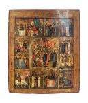 RUSSIA IMPERIAL  A PASCOA E AS 12 GRANDES FESTAS DO ANO LITÚRGICO. MAGNIFICO ICONE EM GRANDE DIMENSÃO PINTADO SOBRE MADEIRA, REPRESENTANDO A PÁSCOA DE CRISTO AO CENTRO (A MÃE DE TODAS AS FESTAS CRISTÃS). NOS CICLOS EXTERIORES NAS LATERAIS DO ÍCONE SÃO REPRESENTADAS AS 12 GRANDES FESTAS DO ANO LITURGICO SENDO: o nascimento dA VIRGEM MARIA Maria, a apresentação no templo de Maria, a trindade do Antigo Testamento, a Anunciação, o nascimento de Jesus, a apresentação no templo. de Jesus, Batismo, Entrada TRIUNFAL EM Jerusalém, Transfiguração no Monte Tabor, Ascensão, Dormição da Mãe de Deus, Ressurreição de Lázaro, EXECUÇÃO de João Batista, O Profeta Elias, A Descida do Espírito Santo E A Exaltação da Cruz. No centro está a Santa Páscoa, com a descida de Cristo ao Inferno e à Ressurreição.Os cantos do ícone representam os quatro evangelistas: São Lucas, São Marcos, São Mateus e São João. ESSE GRANDE ICONE EM MADEIRA hora ofertado, FOI adquirido NO LEILÃO DO BARÃO RIBEYRE NAS SALAS richelieu no PARIS DROUOT EM 3 DE JUNHO DE 2015. REPRODUZIDO NO CATÁLOGO DESSA IMPORTANTE LEILOEIRA COM FOTO (VIDE NOS CRÉDITOS EXTRAS DO LOTE)RÚSSIA IMPERIAL, SEC. XIX. 46 X 40 CM