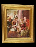 CIRCULO DE PAOLLO VERONESE  ESCOLA VENEZIANA  A ADORAÇÃO DOS MAGOS OLEO SOBRE RETÁBULO EM MADEIRA  PRECIOSA PINTURA REPRESENTANDO A ADORAÇÃO DOS MAGOS AO MENINO JESUS. NESSA REPRESENTAÇÃO A VIRGEM MARIA SEGURA O MENINO JESUS DE PÉ ENQUANTO OS MAGOS APRESENTAM-LHE SEUS PRESENTES: OURO, INCENSO E MIRRA. ATRÁS DA VIRGEM SÃO JOSÉ É REPRESENTADO COMO ANCIÃO. TODOS OS PERSONAGENS NA CENA, FIXAM OS OLHOS NO MENINO JESUS QUE ESTÁ REPRESENTADO EM POSIÇÃO CENTRAL, UM RECURSO PARA DESTACAR A IMPORTÂNCIA DO MENINO DEUS. AS TÁBUAS QUE COMPÕE O RETÁBULO ESTÃO UNIDADAS NA PARTE POSTERIOR POR TRAVAS TAMBÉM EM MADEIRA. A ESCOLA VENEZIANA CARACTERIZA-SE PELO LUXO COM QUE RETRATA SUAS CENAS E TAMBÉM PELA TÉCNICA QUE ACRESCENTAR VERNIZ AS TINTAS CAUSANDO UM EFEITO SIMILAR A ESMALTAGEM. LINDA MOLDURA REMATADA EM OURO BRUNIDO. I43 X 36 CM COM A MOLDURA SEM ELA 30 X 24 CM TÁLIA, SEC. XVIINOTA: A Sagrada Família regressou a Belém. As palavras do velho Simeão ressoavam nos ouvidos de Maria e de José. À memória da Virgem viriam os textos de alguns profetas que, falando do Messias, seu Filho, afirmam que não só seria Rei de Israel, mas receberia as honras de todos os povos da terra.Isaías já o tinha anunciado com particular eloquência: À tua luz caminharão os povos e os reis andarão ao brilho do teu esplendor. Lança um olhar em volta e observa: todos se reuniram e vieram procurar-te (...). Uma grande multidão de camelos te invade, camelos de Madiã e Efa; vêm todos de Sabá, trazendo ouro e incenso e anunciando os louvores de Javé (Is 60, 3-6). Entretanto, o tempo decorria na mais absoluta normalidade. Nada fazia pressagiar qualquer acontecimento fora do comum. Até que um dia aconteceu algo extraordinário. Tendo nascido Jesus em Belém de Judá, no tempo do rei Herodes, eis que uns Magos vieram do Oriente a Jerusalém, perguntando: Onde está o Rei dos judeus que acaba de nascer? Porque nós vimos a Sua estrela no Oriente e viemos adorá-lO (Mt 2, 1-2). São Mateus anota que, ao ouvir essa pergunta, o rei Herodes perturbou-se e toda a Jerusalém com ele (Mt 2, 3). Sabemos muito pouco sobre estas personagens. De qualquer forma, o texto evangélico oferece algumas certezas: tratava-se de uns viajantes procedentes do Oriente, onde tinham descoberto uma estrela de extraordinário fulgor, que os impeliu a deixar as suas casas e partir em busca do Rei dos judeus. Todo o resto  o seu número, o país de origem, a natureza da luz celestial, o caminho que seguiram  não passa de mera conjectura, mais ou menos fundada. A tradição ocidental fala de três personagens, a quem inclusive dá um nome  Melchior, Gaspar e Baltasar  enquanto outras tradições cristãs elevam o seu número para sete e até para doze. O fato de que procedessem do Oriente aponta para as longínquas regiões além do Jordão: o deserto sírio-árabe, Mesopotâmia, Pérsia. A favor da origem persa pesa um episódio historicamente comprovado. Quando, nos princípios do século VII, o rei persa Cosroes II invadiu a Palestina, destruiu as basílicas que a piedade cristã tinha edificado em memória do Salvador, exceto uma: a Basílica da Natividade, em Belém. E isto por uma simples razão: na sua entrada figurava a representação de algumas personagens trajando indumentária persa, em atitude de prestar homenagem a Jesus nos braços de Sua Mãe. A palavra magos, com que os designa o Evangelho, não tem nada a ver com o que hoje em dia se entende por esse nome. Não eram pessoas dadas à magia, mas homens cultos, muito provavelmente pertencentes a uma casta de estudiosos dos fenômenos celestes, discípulos de Zoroastro, já conhecidos por numerosos autores da Grécia clássica. Por outro lado, é um fato comprovado que a expectativa messiânica de Israel era conhecida nas regiões orientais do Império Romano e inclusive na própria Roma. Não é estranho, pois, que alguns sábios pertencentes à casta dos magos, ao descobrir um astro de extraordinário fulgor, o tivessem interpretado  iluminados interiormente por Deus  como um sinal do nascimento do esperado Rei dos Judeus. Embora a piedade popular una, de modo quase imediato, o nascimento de Jesus com a chegada dos Magos à Palestina, não se conhece com precisão a época em que teve lugar; sabemos, sim, que Herodes, sentindo-se ameaçado, inquiriu deles cuidadosamente, acerca do tempo em que lhes tinha aparecido a estrela (Mt 2, 7). Depois perguntou aos doutores da Lei pelo lugar de nascimento do Messias e os escribas responderam citando o profeta Miqueias: e tu, Belém, terra de Judá, de modo algum és a menor entre as principais cidades de Judá; porque de ti sairá um chefe que apascentará Israel, Meu povo (Mt 2, 6). Usando uma mentira, Herodes pôs os Magos a caminho de Belém: ide, informai-vos bem acerca do Menino, e, quando O encontrardes, comunicai-mo, a fim de que também eu O vá adorar (Mt 2, 8). O seu propósito era bem diverso, pois propunha-se mandar assassinar todos os meninos nascidos na cidade e na sua comarca, menores de dois anos, para assim se assegurar da morte daquele que  segundo o seu curto entender  lhe vinha disputar o trono. Deduz-se destes dados que a chegada dos Magos ocorreu algum tempo após o nascimento de Jesus; talvez um ano ou ano e meio. Depois de receberem essa informação, os Magos dirigiram-se apressadamente para Belém, cheios de alegria ao ver reaparecer a estrela que tinha desaparecido misteriosamente em Jerusalém. Este mesmo fato advoga em favor da suposição de que o astro que os guiava não era um fenômeno natural  um cometa, uma conjunção, etc., como se procurou muitas vezes demonstrar  mas um sinal sobrenatural dado por Deus a esses homens escolhidos, e só a eles. Mal saíram de Jerusalém  prossegue São Mateus  a estrela que tinham visto no Oriente ia adiante deles até que chegando ao local onde estava o Menino, parou. Entraram na casa, viram o Menino com Maria, Sua mãe e, prostrando-se, O adoraram; e, abrindo os seus tesouros, ofereceram-Lhe presentes de ouro, incenso e mirra (Mt 2, 9-11). Os corações de Maria e de José devem ter ficado repletos de alegria e gratidão. Alegria porque os anúncios proféticos sobre Jesus começavam a cumprir-se; agradecimento porque os presentes daqueles homens generosos  predecessores na fé dos cristãos procedentes dos gentios  possivelmente, contribuíram para aliviar uma situação econômica precária. José e Maria não puderam corresponder à sua generosidade. Eles, no entanto, consideraram-se suficientemente recompensados pelo olhar e o sorriso de Jesus, que iluminou de novo as suas almas e pelas doces palavras de agradecimento de Sua Mãe, Maria. (J.A. Loarte)