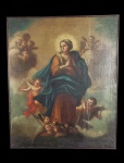 ESCOLA PORTUGUESA -  PINTURA CONVENTUAL - NOSSA SENHORA DA CONCEIÇÃO  OLEO SOBRE CANVAS  LINDA PINTURA REPRESENTANDO A VIRGEM DA CONCEPÇÃO COM AS MÃOS POSTAS EM ORAÇÃO, ADORADA POR ANJOS E ASSENTE SOBRE CRESCENTE LUNAR. PORTUGAL, SEC. XVIII/XIX. 64 X 78 CM