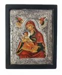 ICONE DA VIRGEM TEOTHOKOS  BELA REPRESENTAÇÃO DA VIRGEM SEGURANDO O MENINO JESUS. OCLADE EM PRATA DE LEI 925. GRÉCIA, SEC. XX. 23CM DE ALTURA