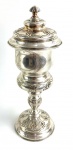 SINGULAR TAÇA DITA CAMPANÁRIO EM PRATA DE LEI E VERMEIL. TRABALHO  CINZELADO E REPUXADO. ÁUSTRIA INICIO DO SEC. XX. 23 CM DE ALTURA