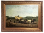 CHARLES THEOPHILE DEMORY (1833 - 1895)  - PAISAGEM CAMPESINA COMTRABALHADORES DA COLHEITA DE TRIGO  OST  ASSINADO E DATADO 1875. MONUMENTAL OBRA DO ARTISTA CHARLES THEOPHILE DEMORY RETRATANDO A COLHEITA DE TRIGO. UMA CARROÇA ATRELADA A QUATRO CAVALOS É CARREGADA COM AS ESPIGAS QUE OS CAMPONESES TRAZEM AS COSTAS. MAGNIFICA OBRA DE MUITO GRANDE DIMENSÃO. LINDA MOLDURA EM OURO BRUNIDO.  FRANÇA, SEC. XIX. 98 X 135 CM (CONSIDERANDO-SE O TAMANHO DA MOLDURA) SEM CONSIDERAR O TAMANHO DA MOLDURA 77 X 108 CM