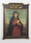 IVENIO PIRES - NOSSA SENHORA DA SOLEDADE OST DATADO 1973. MOLDURA COM FEITIO DE RETÁBULO. 1,16 X 0,87 m NOTA:  Artista plástico pernambucano.Formação artística: Escola de Belas Artes da Universidade Federal de Pernambuco.Pintor, desenhista, escultor, gravador, mosaicista, arte/educador, restaurador em obras de arte, curador, membro de júri e comissões organizadoras de salões de arte, articulista de artes plásticas em vários jornais do Estado de São Paulo.Catalogado pelo MEC.figura no "Dicionário Brasileiro de Artistas Plásticos" - editado pelo MEC. Brasília, 1976.Com inúmeras exposições e prêmios, suas obras fazem parte de importantes acervos e coleções institucionais do Brasil e Exterior.
