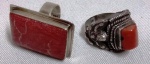 Dois anéis com pedra coral , um de prata com contraste 925 ml. Aro 18 .