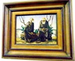 Assinatura ILEGÌVEL - OSE - Conversa entre monges - Só a pintura 22 x 29 cm , Com a moldura em madeira 41 x 49 cm.