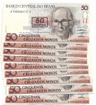 BRASIL - LOTE COM 10 CEDULAS SEQUENCIADAS - 50 CRUZEIROS - ANO DE 1990 - CATALOTO AMATO: C-210 - VALOR DE CATALOGO R$ 70,00 - CONSERVAÇÃO: FE = FLOR DE ESTAMPA