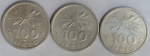 Três moedas de 100 réis (cada), ano 1932, em cupro-níquel, IV Centenário da Colonização do Brasil, Índio, Série Vicentina, MBC/S