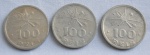 Três moedas de 100 réis (cada), ano 1932, em cupro-níquel, IV Centenário da Colonização do Brasil, Índio, Série Vicentina, MBC/S