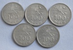 Cinco moedas de 100 réis (cada), ano 1932, em cupro-níquel, IV Centenário da Colonização do Brasil, Índio, Série Vicentina, MBC/S