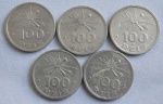 Cinco moedas de 100 réis (cada), ano 1932, em cupro-níquel, IV Centenário da Colonização do Brasil, Índio, Série Vicentina, MBC/S