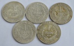 Conjunto com cinco moedas de prata 2000 réis, anos 1926 - 1930